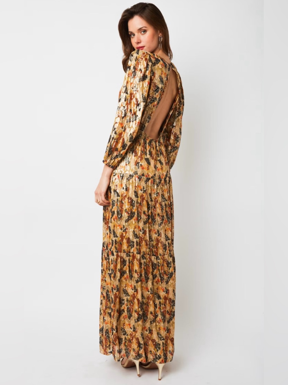 BA&SH Gullian Long Sleeve Silk & Metallic Jacquard Maxi Dress